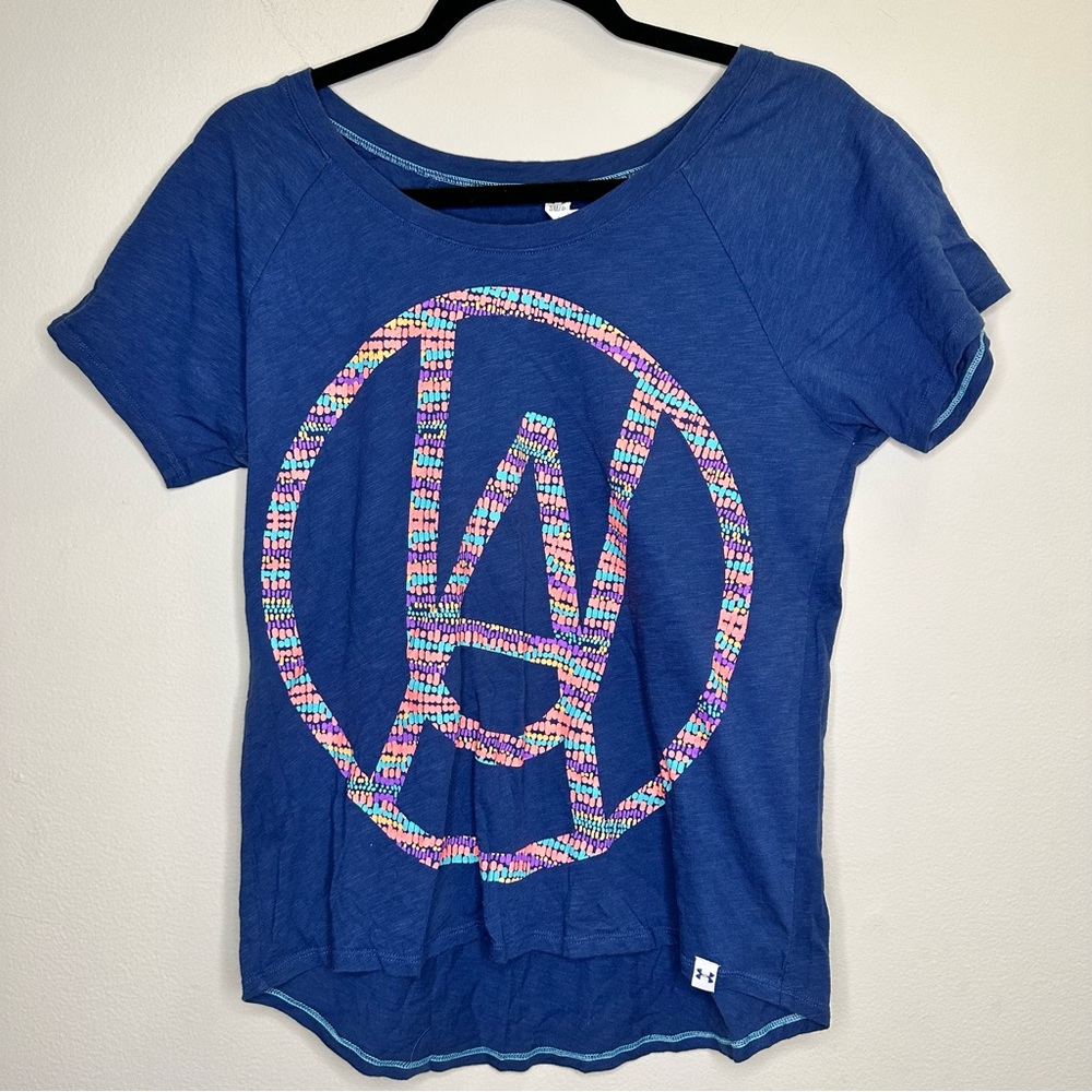 Under Armour Women’s T-Shirt Sz SM/P Short Sleeve Heat Gear Graphic Logo Blue